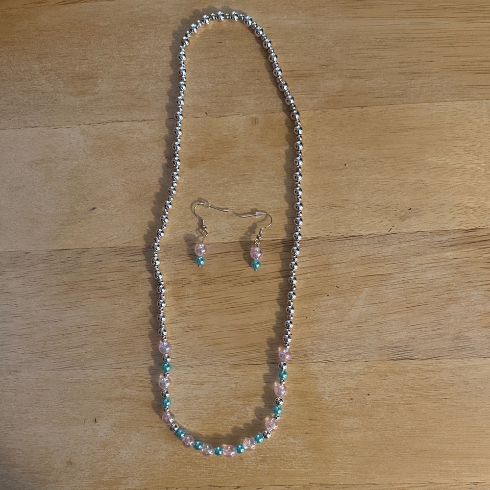 Elegant Silver, Blue, and Pink Beaded Necklace and Earring Set